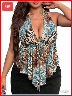 Plus Size Halter Peplum Ruffle Asymmetrical Top Sleeveless Tie Back Y2k